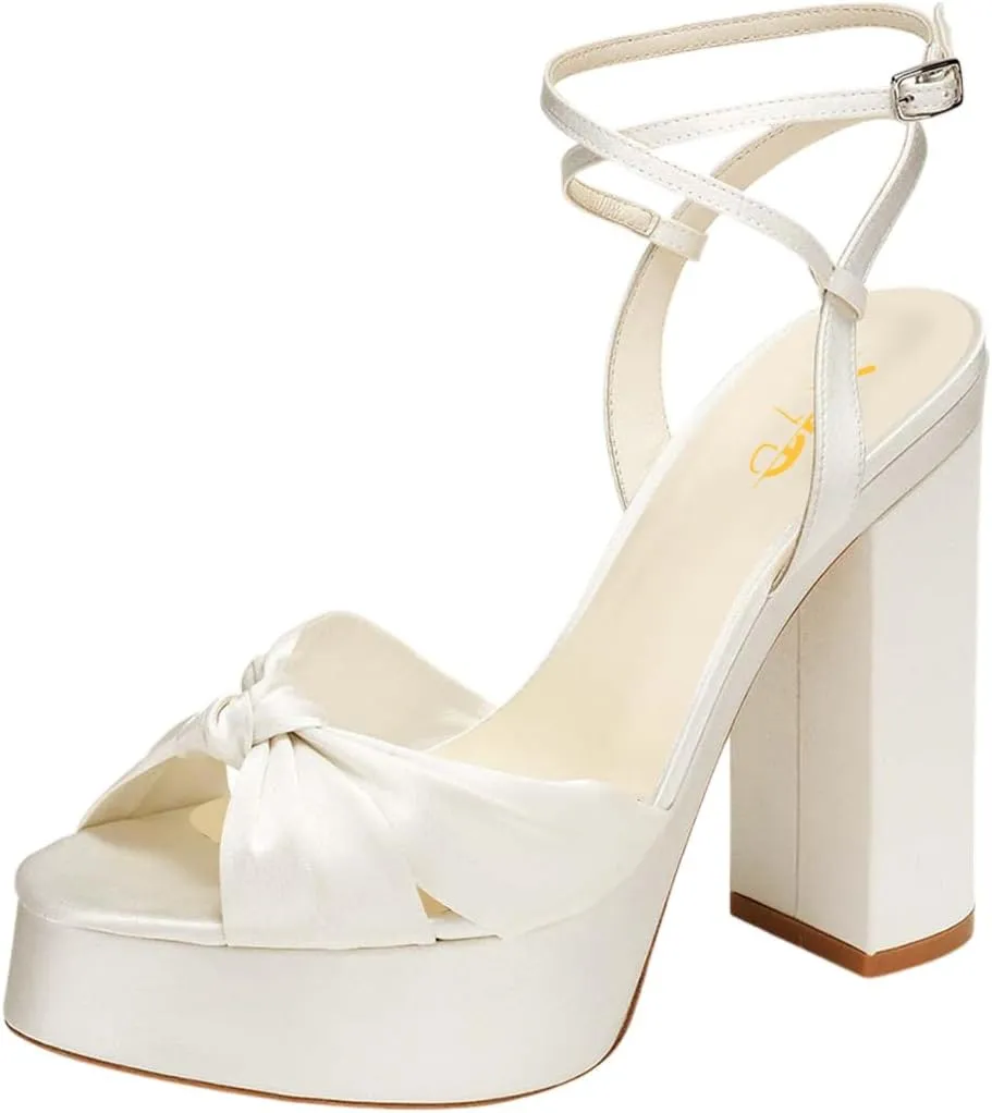 XYD Women Bowknot Ankle Strappy Block High Heel Sandals Open Toe Platform Pumps Evening Wedding Prom Shoes
