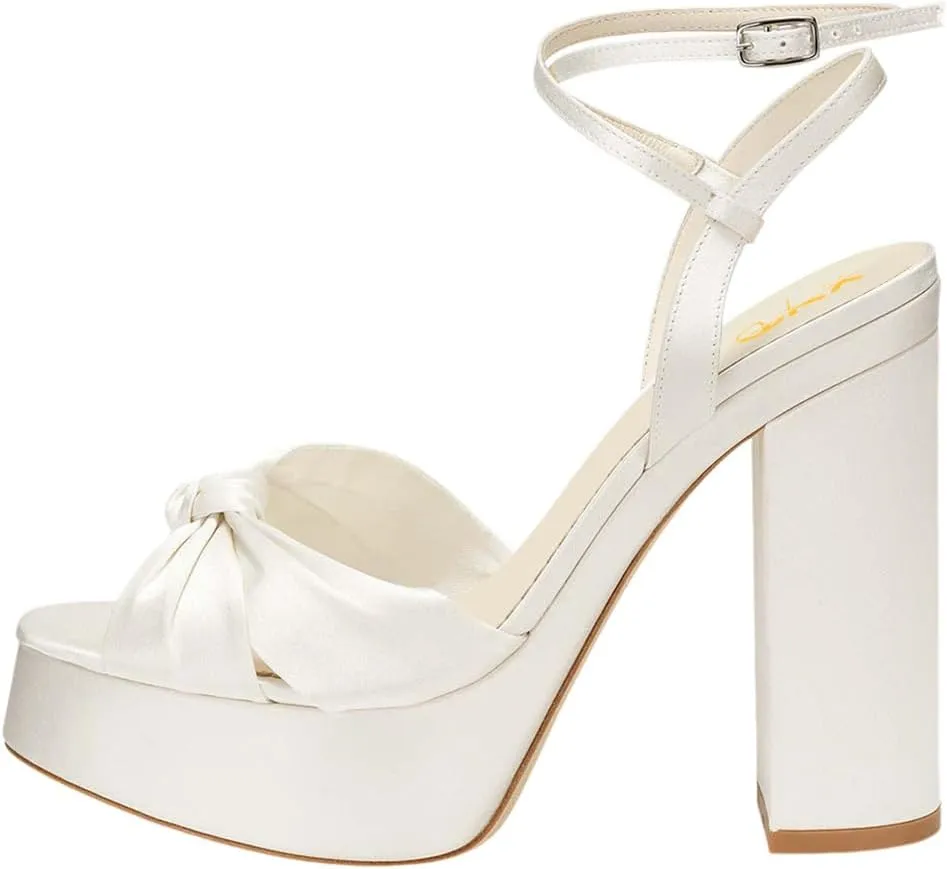 XYD Women Bowknot Ankle Strappy Block High Heel Sandals Open Toe Platform Pumps Evening Wedding Prom Shoes