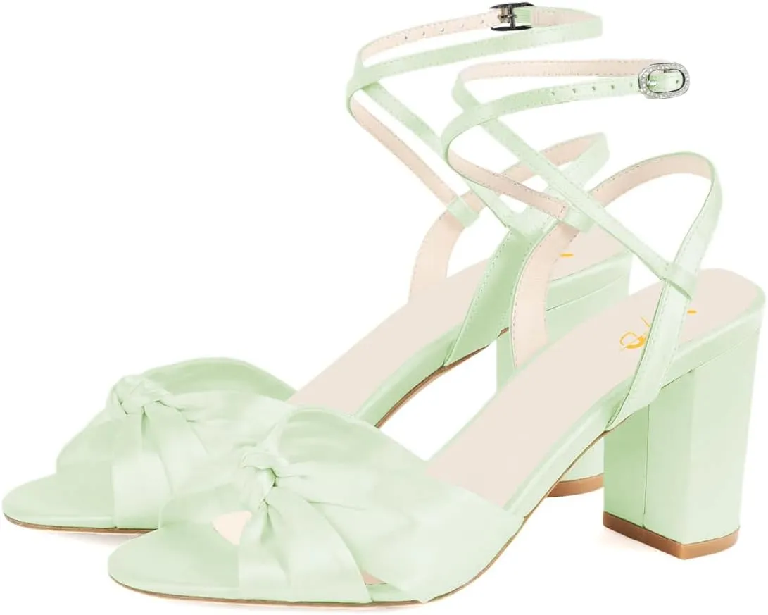 XYD Women Bowknot Ankle Strappy Block High Heel Sandals Round Open Toe Pumps Evening Wedding Prom Shoes