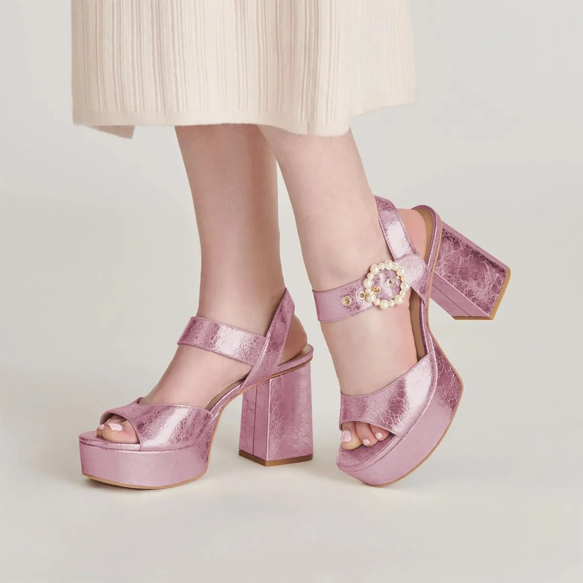 XYD Women Open Toe Chunky Block Platform Sandals Pearl Buckle Ankle Strap High Heels Wedding Prom Bride Shoes