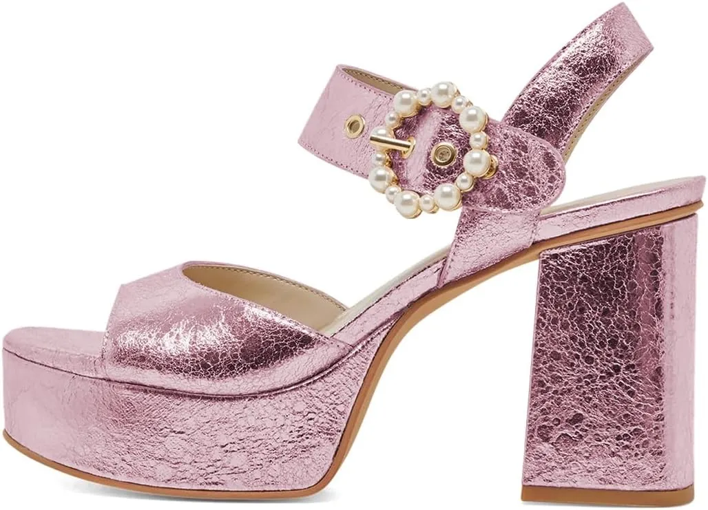 XYD Women Open Toe Chunky Block Platform Sandals Pearl Buckle Ankle Strap High Heels Wedding Prom Bride Shoes