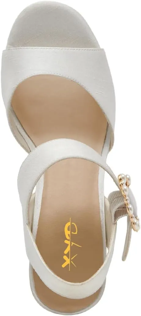 XYD Women Open Toe Chunky Block Platform Sandals Pearl Buckle Ankle Strap High Heels Wedding Prom Bride Shoes