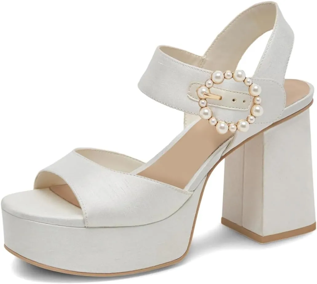 XYD Women Open Toe Chunky Block Platform Sandals Pearl Buckle Ankle Strap High Heels Wedding Prom Bride Shoes