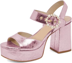 XYD Women Open Toe Chunky Block Platform Sandals Pearl Buckle Ankle Strap High Heels Wedding Prom Bride Shoes