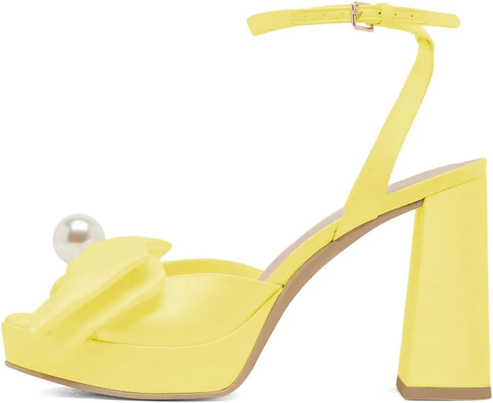 XYD Women Sweet Bow Platform Sandals with Pearl Open Toe Bridal Block Heels Ankle Strap Wedding Prom Satin Dress Shoes