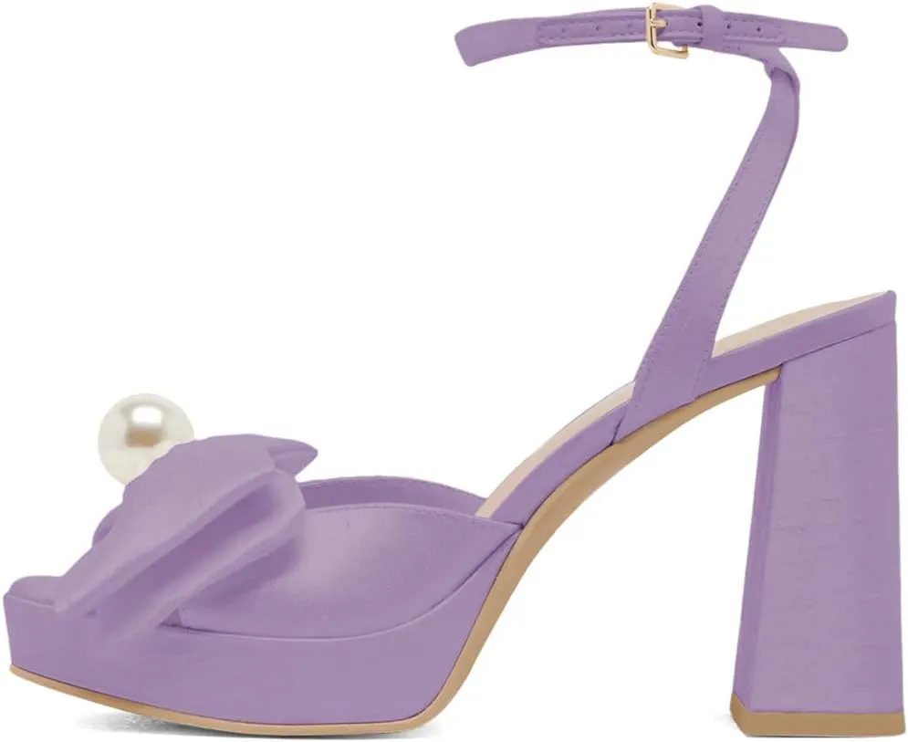 XYD Women Sweet Bow Platform Sandals with Pearl Open Toe Bridal Block Heels Ankle Strap Wedding Prom Satin Dress Shoes