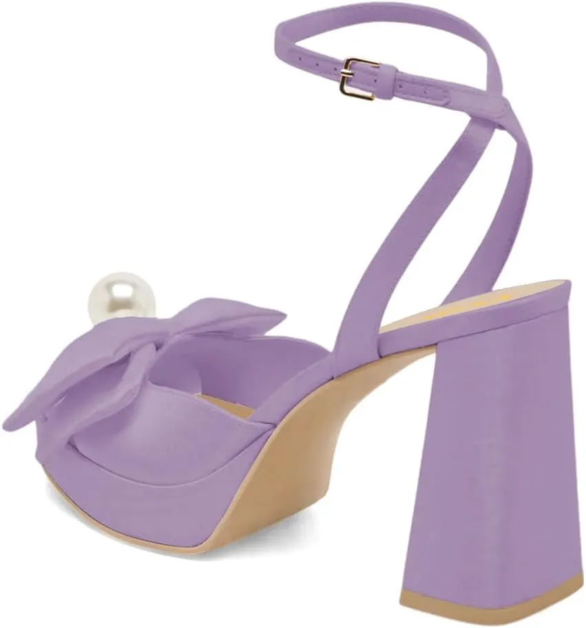 XYD Women Sweet Bow Platform Sandals with Pearl Open Toe Bridal Block Heels Ankle Strap Wedding Prom Satin Dress Shoes
