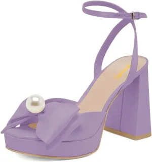 XYD Women Sweet Bow Platform Sandals with Pearl Open Toe Bridal Block Heels Ankle Strap Wedding Prom Satin Dress Shoes