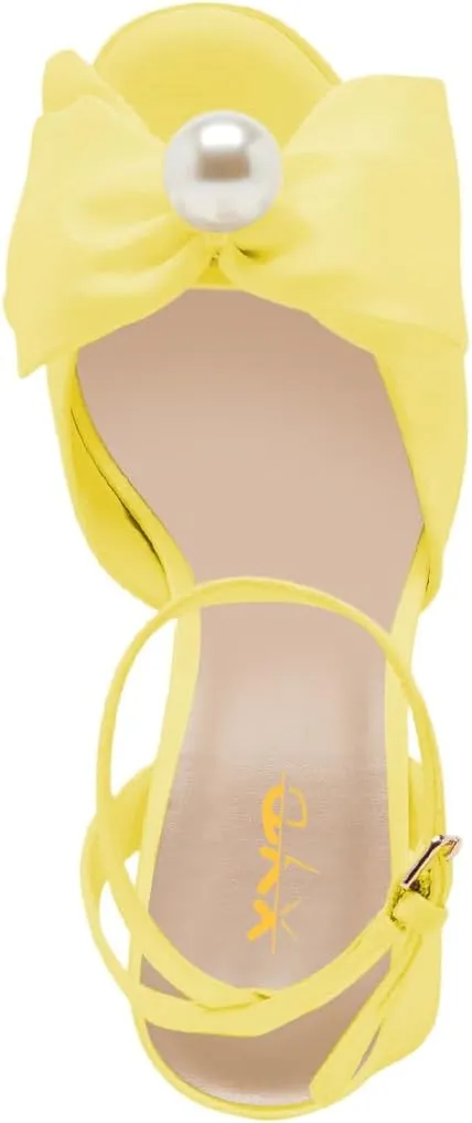 XYD Women Sweet Bow Platform Sandals with Pearl Open Toe Bridal Block Heels Ankle Strap Wedding Prom Satin Dress Shoes