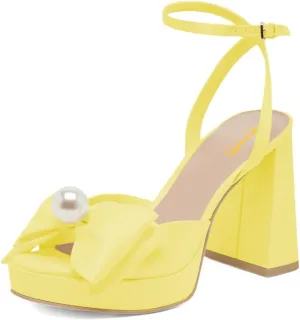 XYD Women Sweet Bow Platform Sandals with Pearl Open Toe Bridal Block Heels Ankle Strap Wedding Prom Satin Dress Shoes