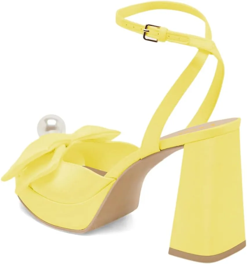 XYD Women Sweet Bow Platform Sandals with Pearl Open Toe Bridal Block Heels Ankle Strap Wedding Prom Satin Dress Shoes