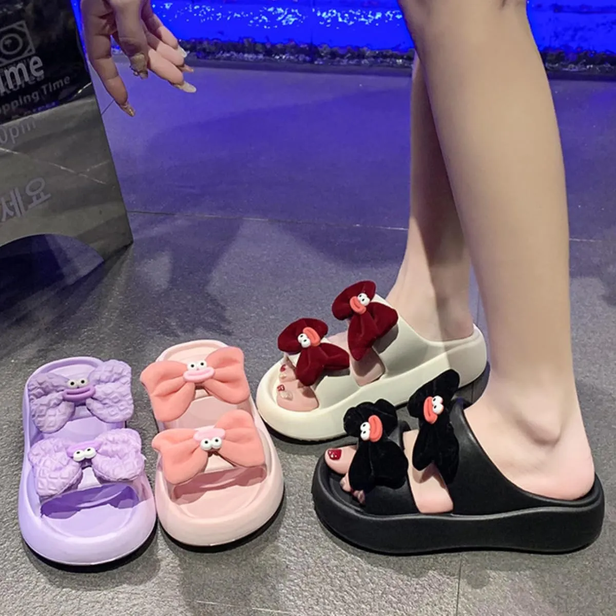 Y2K Kawaii Platform Sandals for Women Pink Bow Platform Beach Sandals Shower Shoes Lightweight Cloud Slides Summer