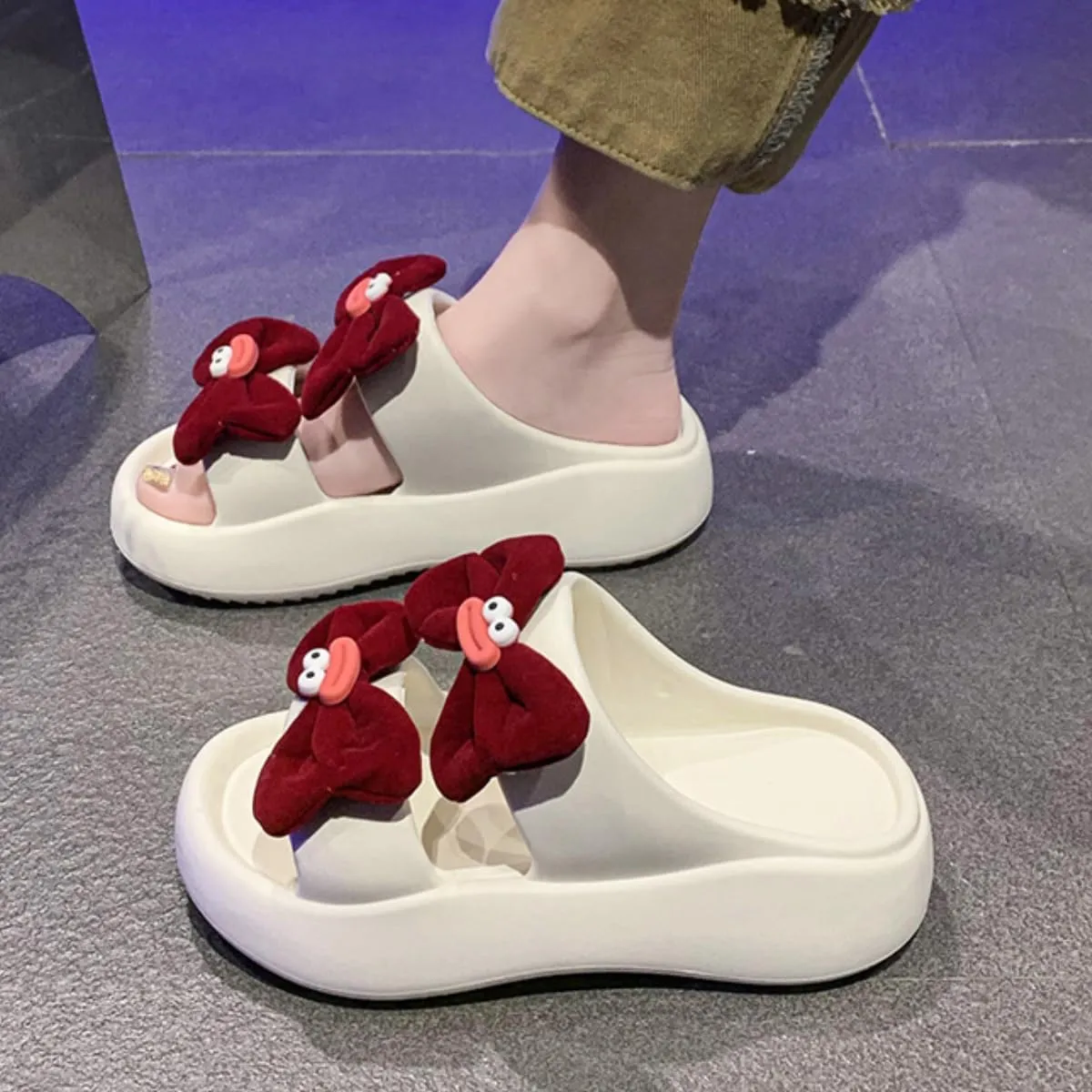 Y2K Kawaii Platform Sandals for Women Pink Bow Platform Beach Sandals Shower Shoes Lightweight Cloud Slides Summer