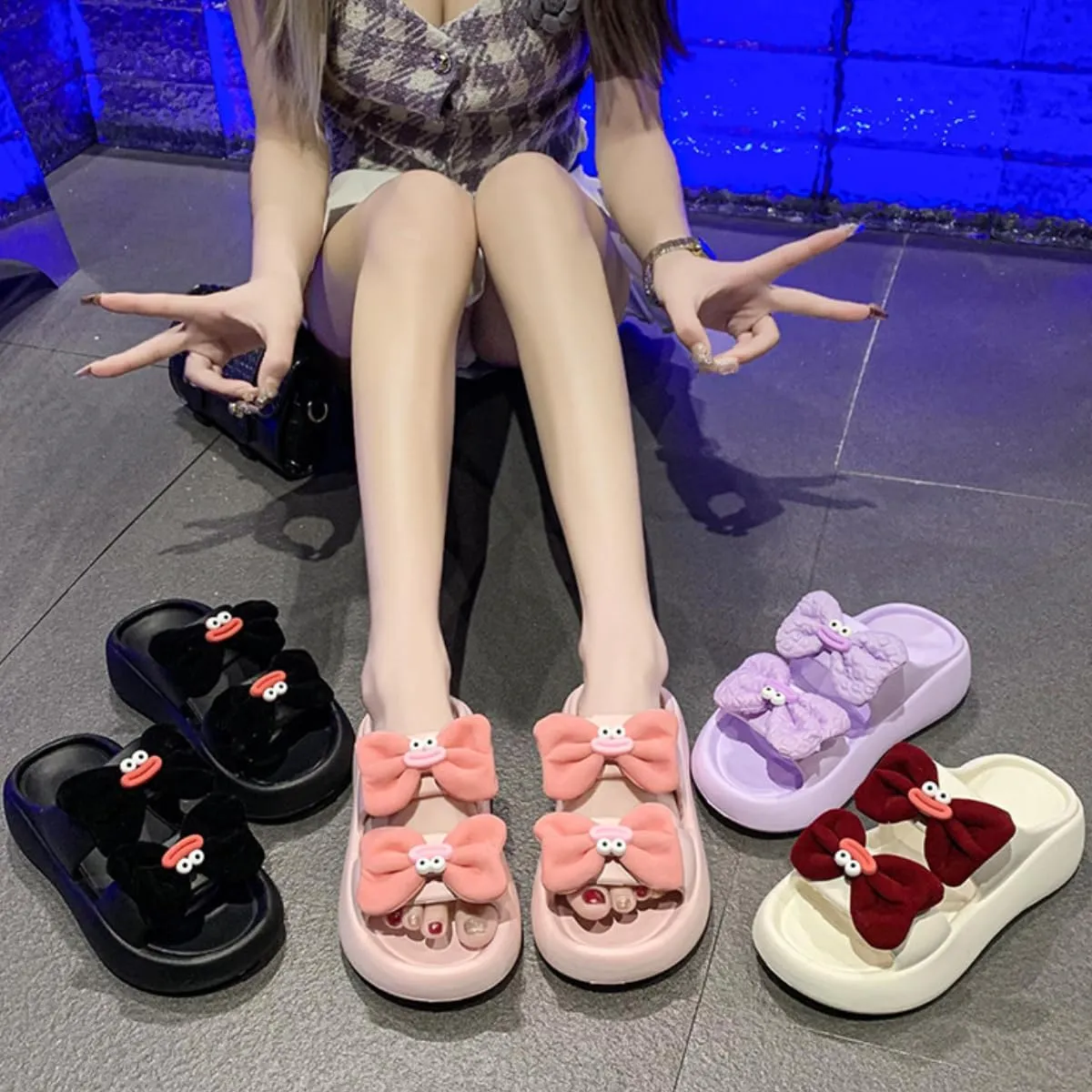 Y2K Kawaii Platform Sandals for Women Pink Bow Platform Beach Sandals Shower Shoes Lightweight Cloud Slides Summer