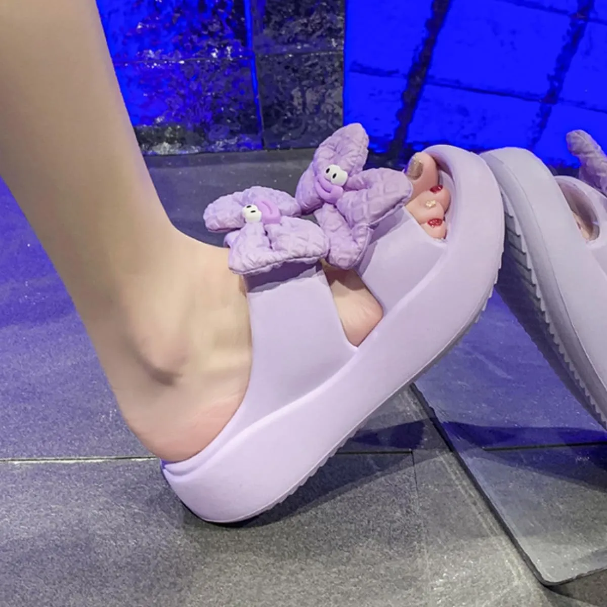 Y2K Kawaii Platform Sandals for Women Pink Bow Platform Beach Sandals Shower Shoes Lightweight Cloud Slides Summer