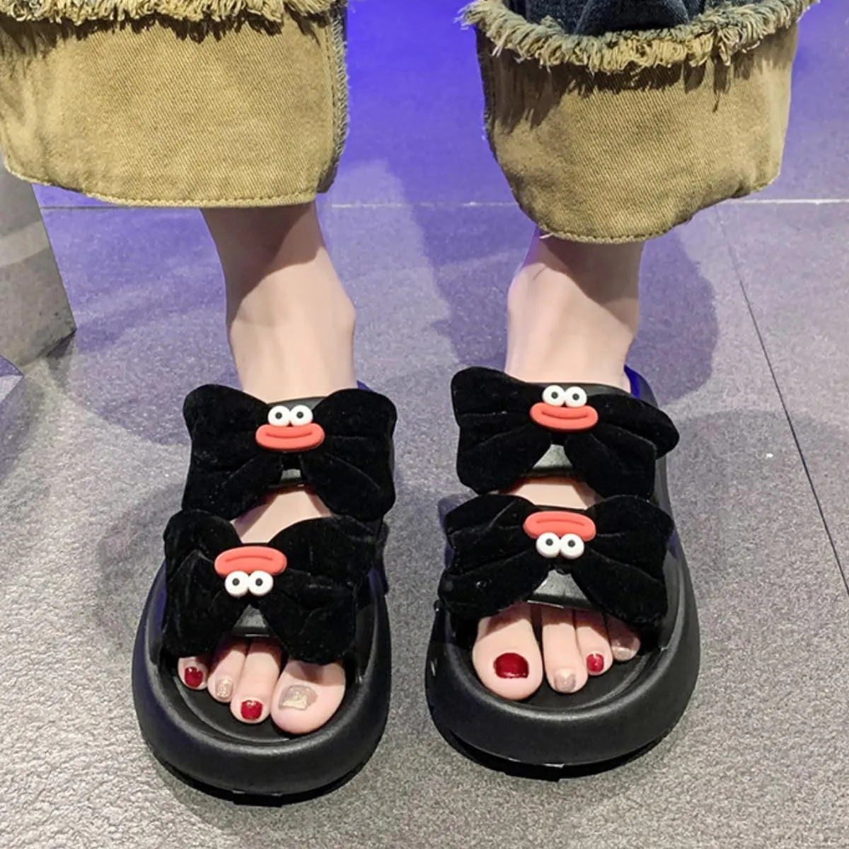 Y2K Kawaii Platform Sandals for Women Pink Bow Platform Beach Sandals Shower Shoes Lightweight Cloud Slides Summer