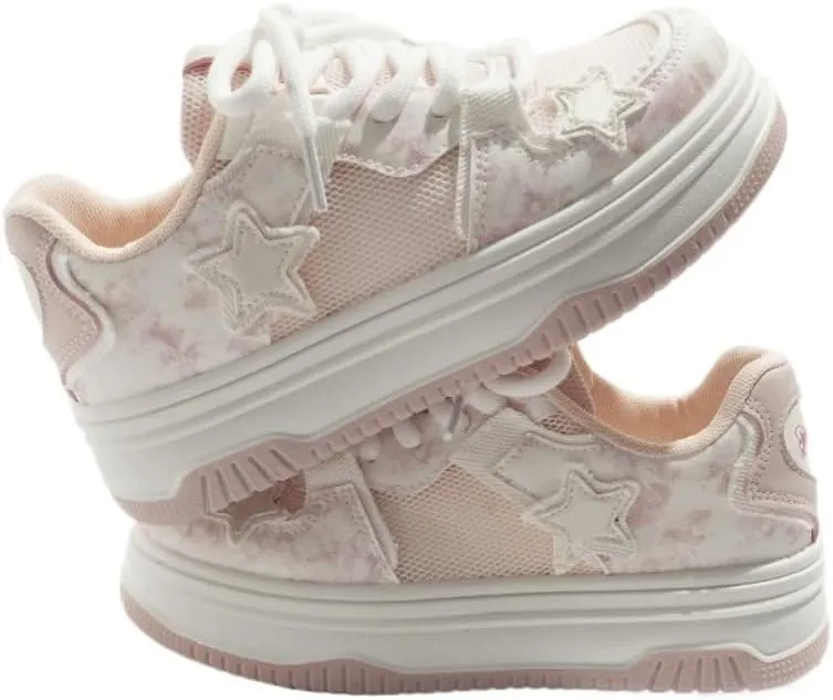 Y2K Retro Harajuku Canvas Star Shoes - Mesh Chunky Sneakers for Women & Girls, Comfy Orthopedic Thick Sole Streetwear White Kawaii Shoes for Beach Travel, Campus Life, All-Match Minimalist Style