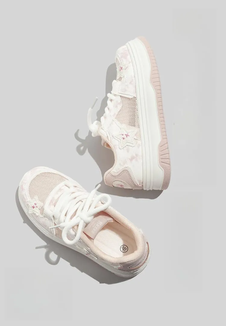Y2K Retro Harajuku Canvas Star Shoes - Mesh Chunky Sneakers for Women & Girls, Comfy Orthopedic Thick Sole Streetwear White Kawaii Shoes for Beach Travel, Campus Life, All-Match Minimalist Style