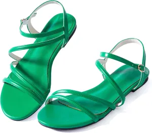YANWENFANG Women Strappy Flat Sandals, Leather Dressy Summer Slides