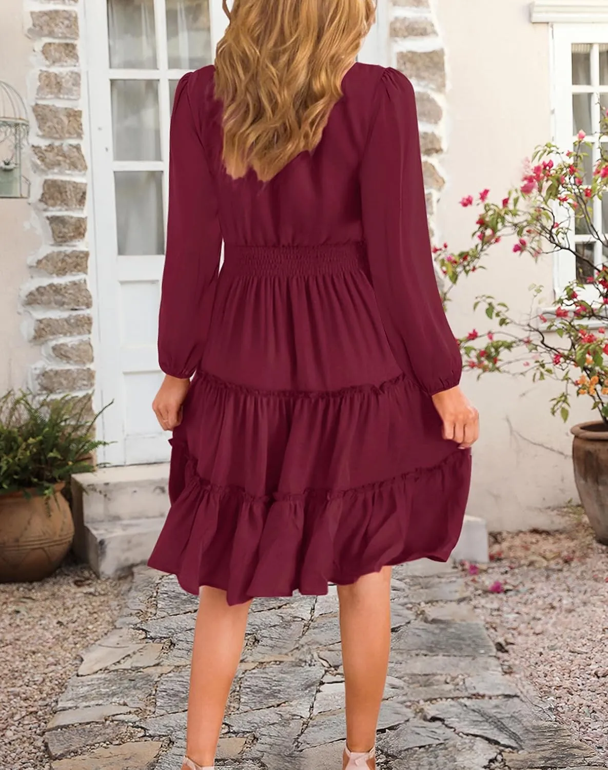 Zattcas Women 2025 Sping Summer Dress V Neck Smocked Waist Casual Flowy A Line Tiered Work Midi Dresses