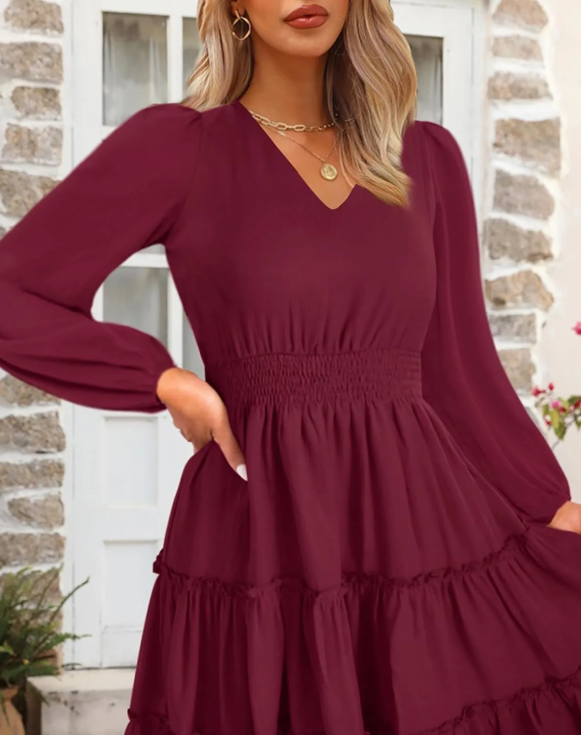 Zattcas Women 2025 Sping Summer Dress V Neck Smocked Waist Casual Flowy A Line Tiered Work Midi Dresses