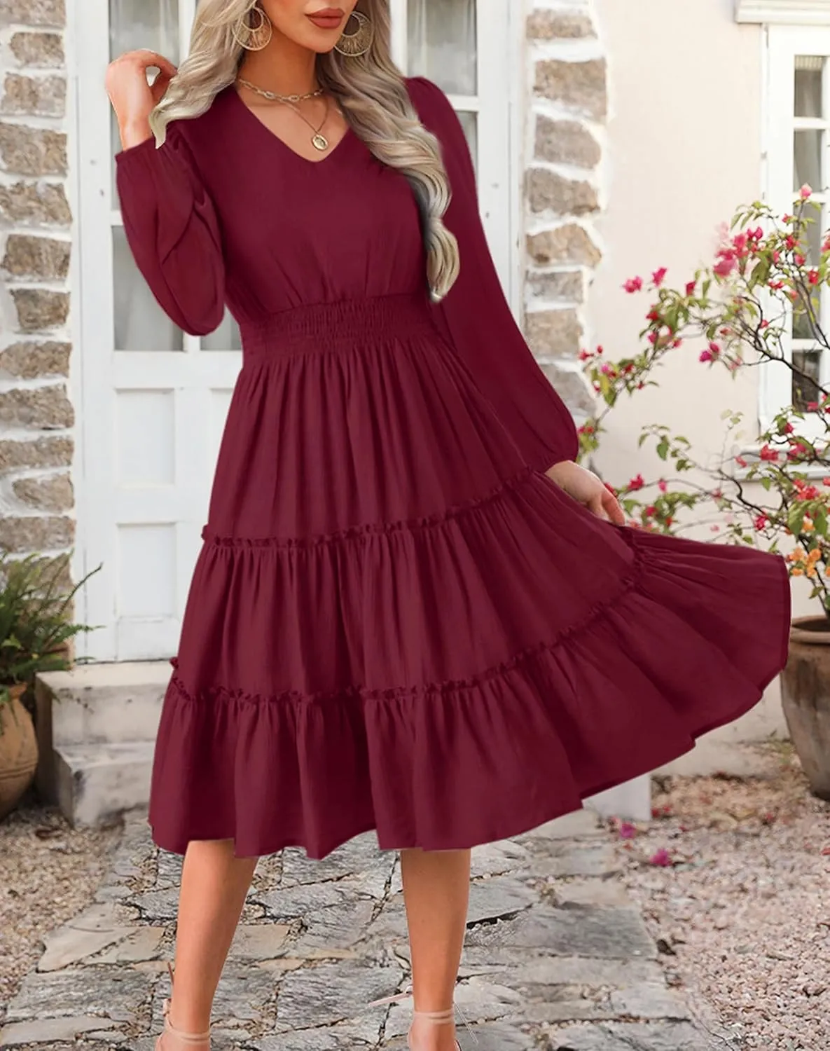 Zattcas Women 2025 Sping Summer Dress V Neck Smocked Waist Casual Flowy A Line Tiered Work Midi Dresses