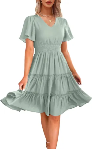 Zattcas Women 2025 Sping Summer Dress V Neck Smocked Waist Casual Flowy A Line Tiered Work Midi Dresses