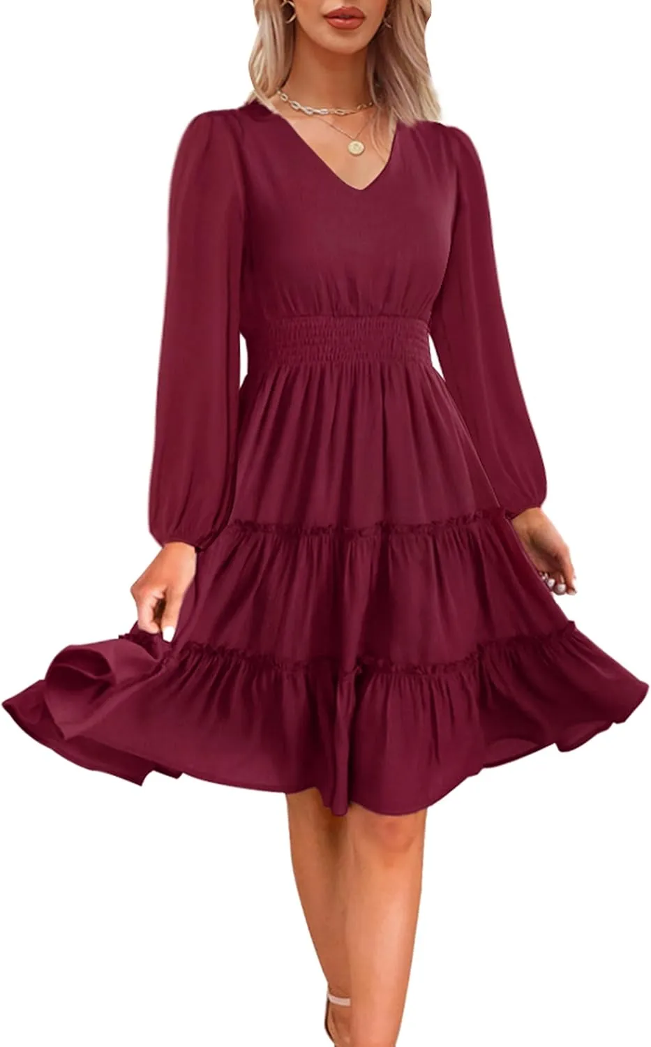 Zattcas Women 2025 Sping Summer Dress V Neck Smocked Waist Casual Flowy A Line Tiered Work Midi Dresses