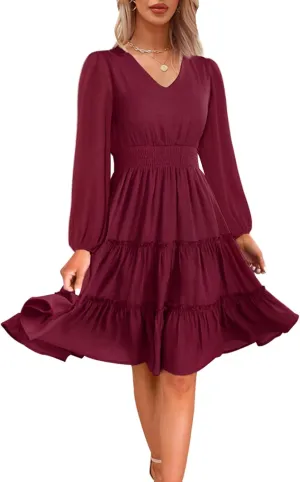 Zattcas Women 2025 Sping Summer Dress V Neck Smocked Waist Casual Flowy A Line Tiered Work Midi Dresses