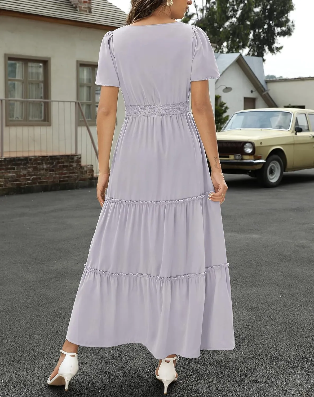Zattcas Womens 2025 Long Summer Dress Short Flutter Sleeve V Neck Casual Smocked Tiered Modest Floral Boho Maxi Dress