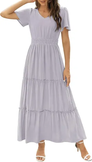 Zattcas Womens 2025 Long Summer Dress Short Flutter Sleeve V Neck Casual Smocked Tiered Modest Floral Boho Maxi Dress