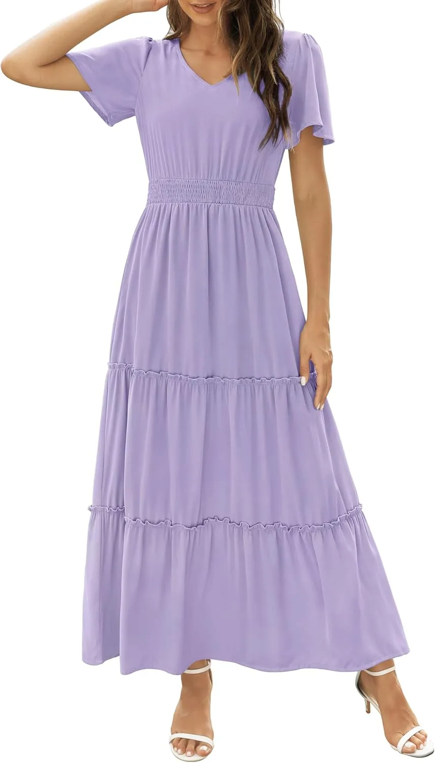 Zattcas Womens 2025 Long Summer Dress Short Flutter Sleeve V Neck Casual Smocked Tiered Modest Floral Boho Maxi Dress