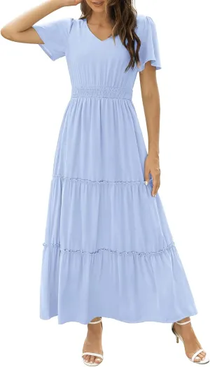 Zattcas Womens 2025 Long Summer Dress Short Flutter Sleeve V Neck Casual Smocked Tiered Modest Floral Boho Maxi Dress