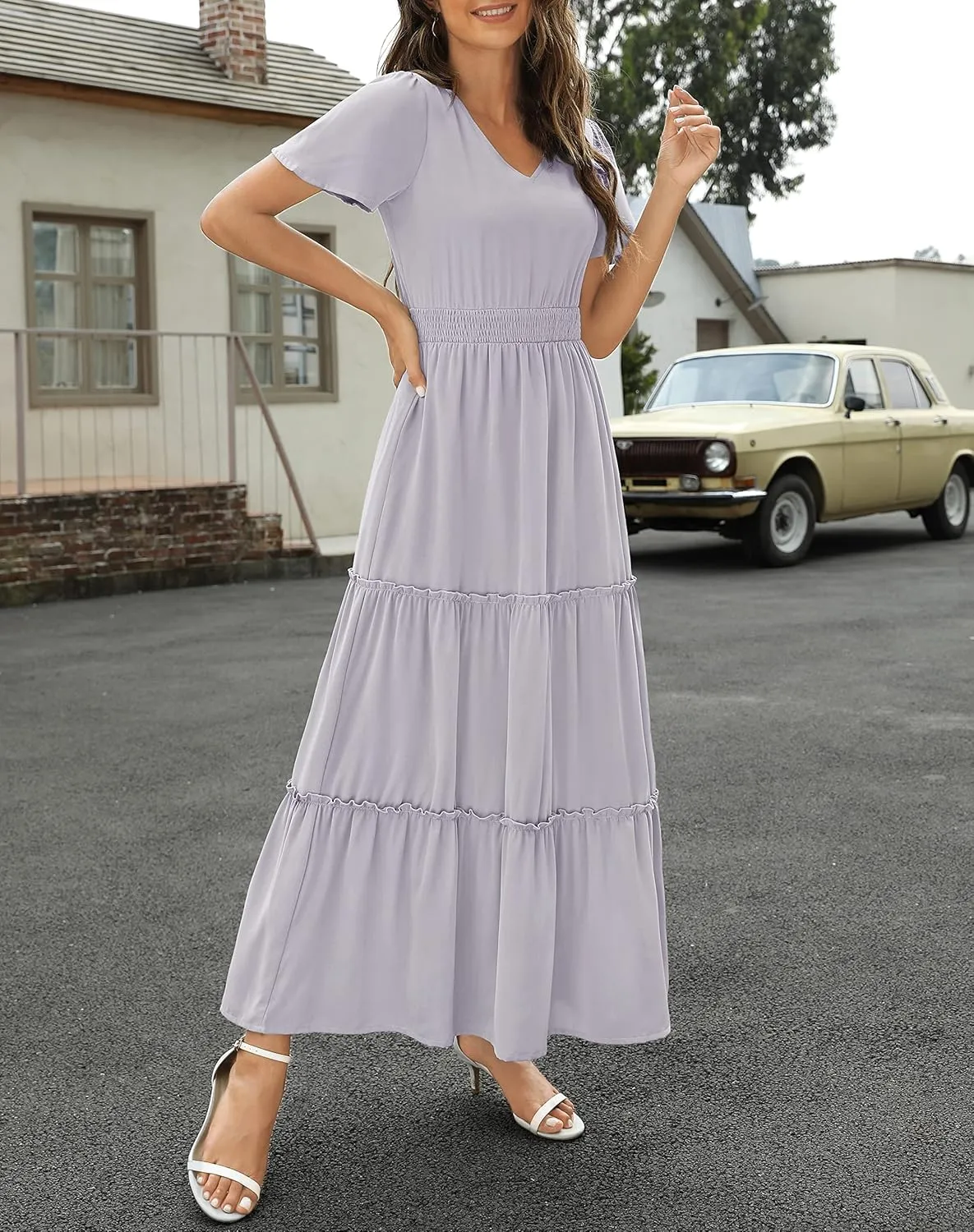 Zattcas Womens 2025 Long Summer Dress Short Flutter Sleeve V Neck Casual Smocked Tiered Modest Floral Boho Maxi Dress