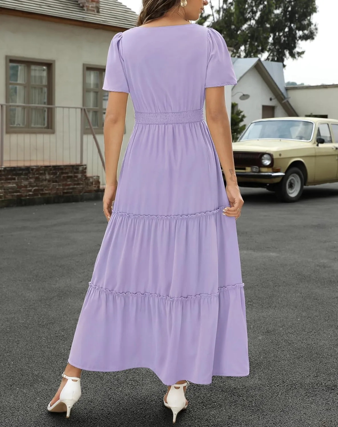 Zattcas Womens 2025 Long Summer Dress Short Flutter Sleeve V Neck Casual Smocked Tiered Modest Floral Boho Maxi Dress