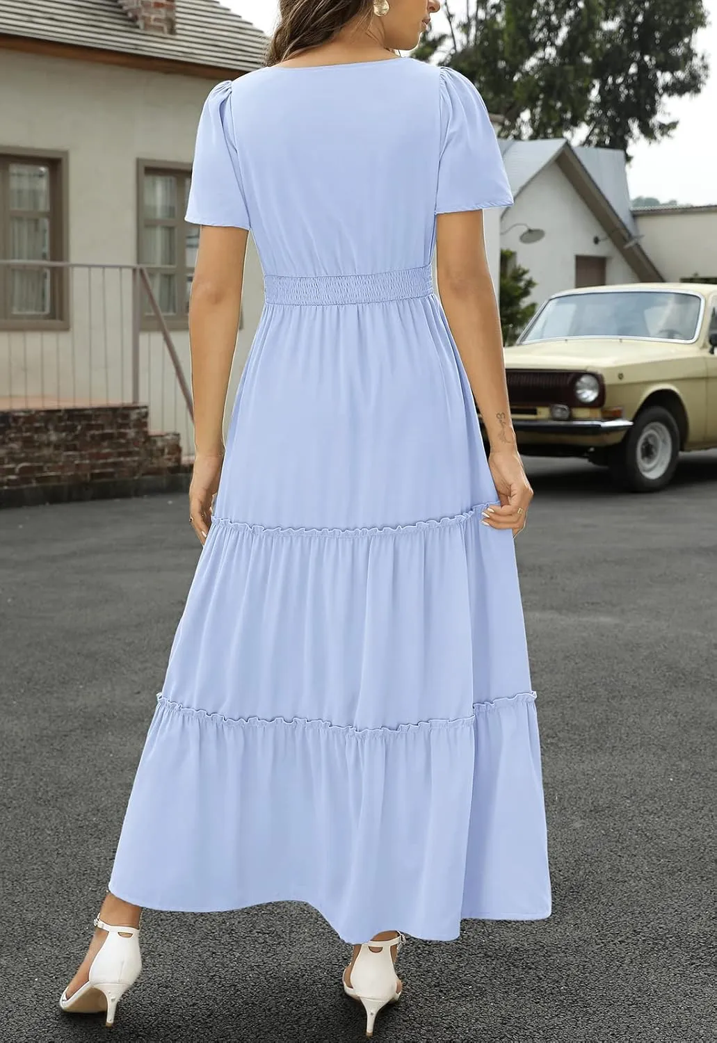 Zattcas Womens 2025 Long Summer Dress Short Flutter Sleeve V Neck Casual Smocked Tiered Modest Floral Boho Maxi Dress