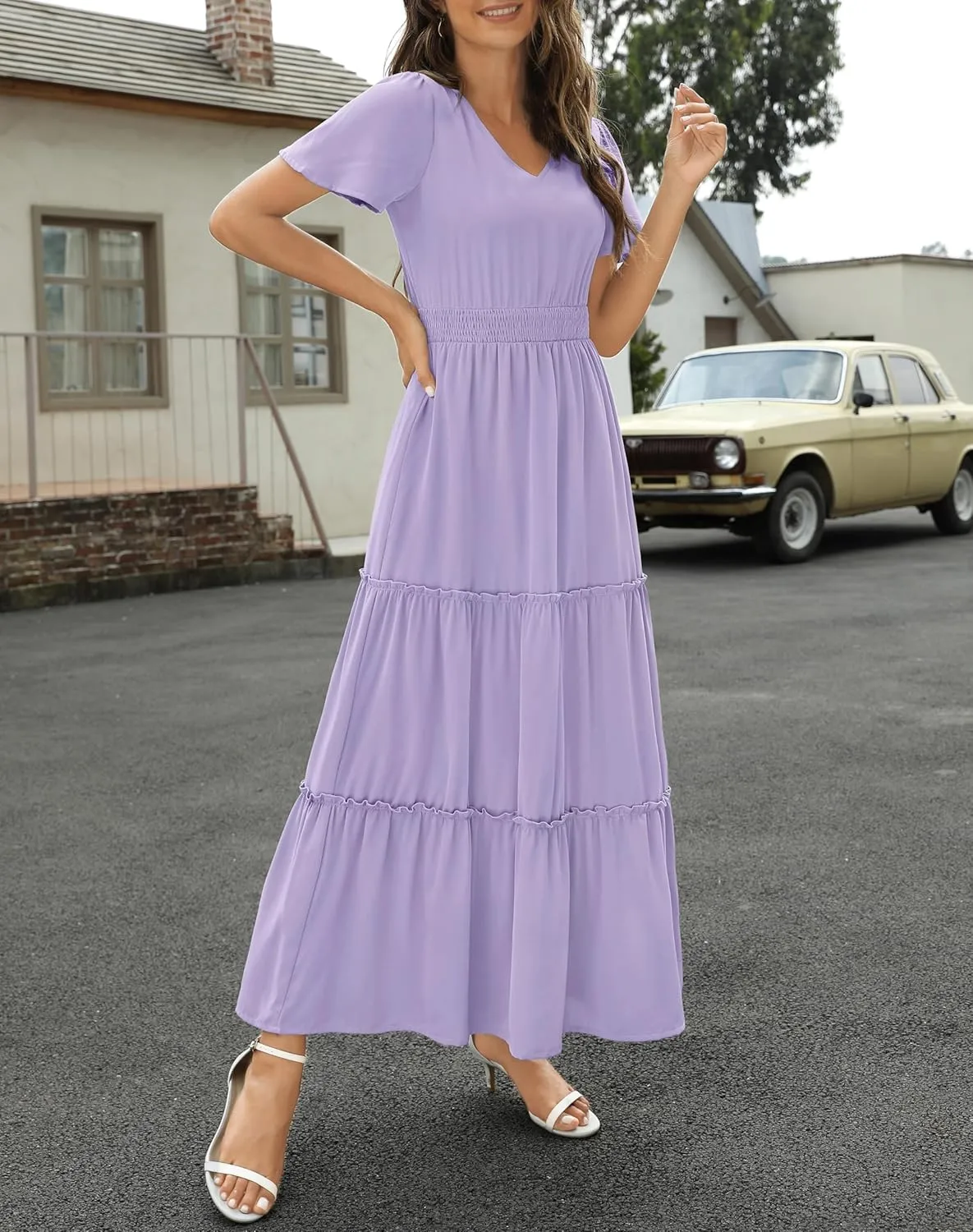 Zattcas Womens 2025 Long Summer Dress Short Flutter Sleeve V Neck Casual Smocked Tiered Modest Floral Boho Maxi Dress