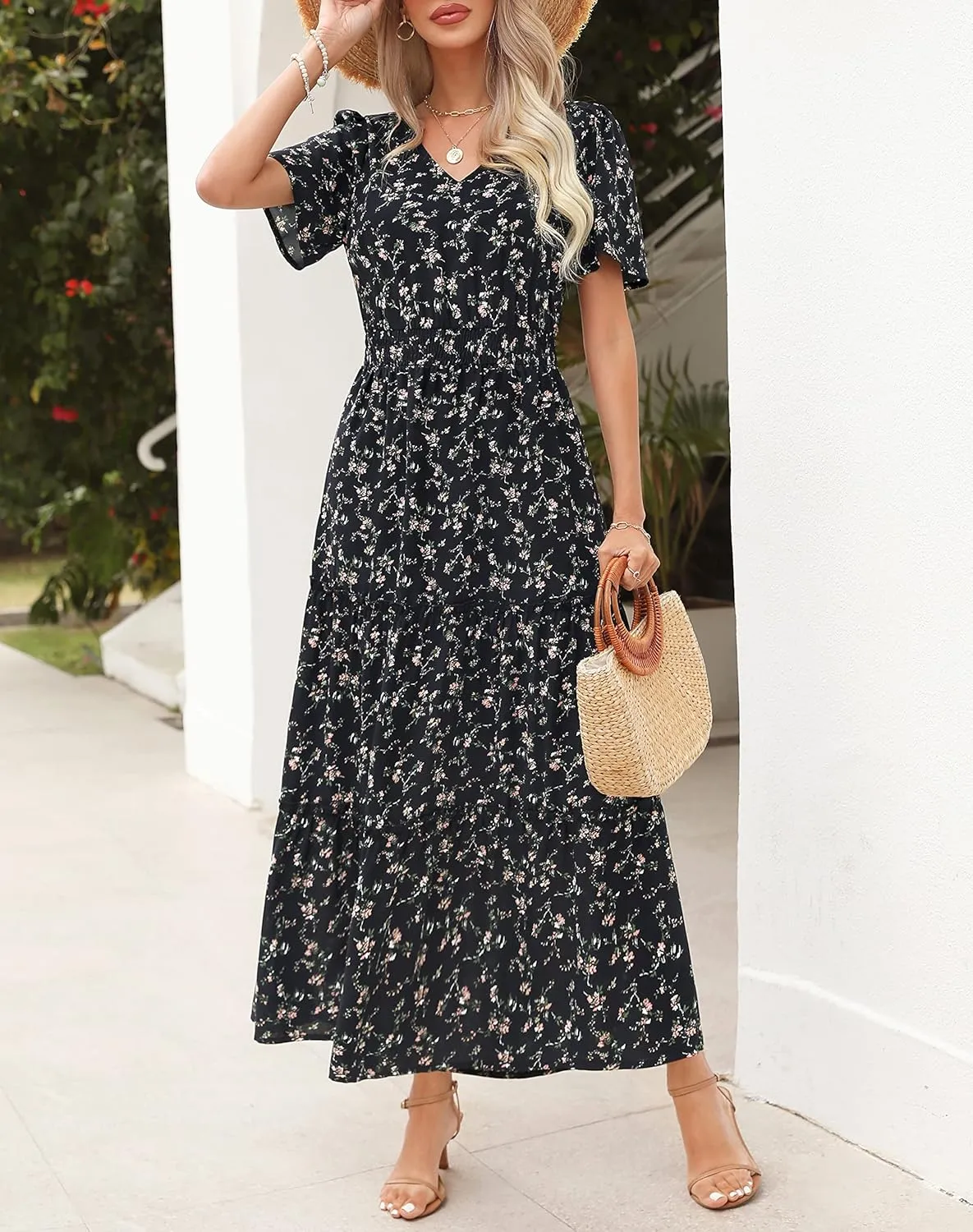 Zattcas Womens 2025 Long Summer Dress Short Flutter Sleeve V Neck Casual Smocked Tiered Modest Floral Boho Maxi Dress
