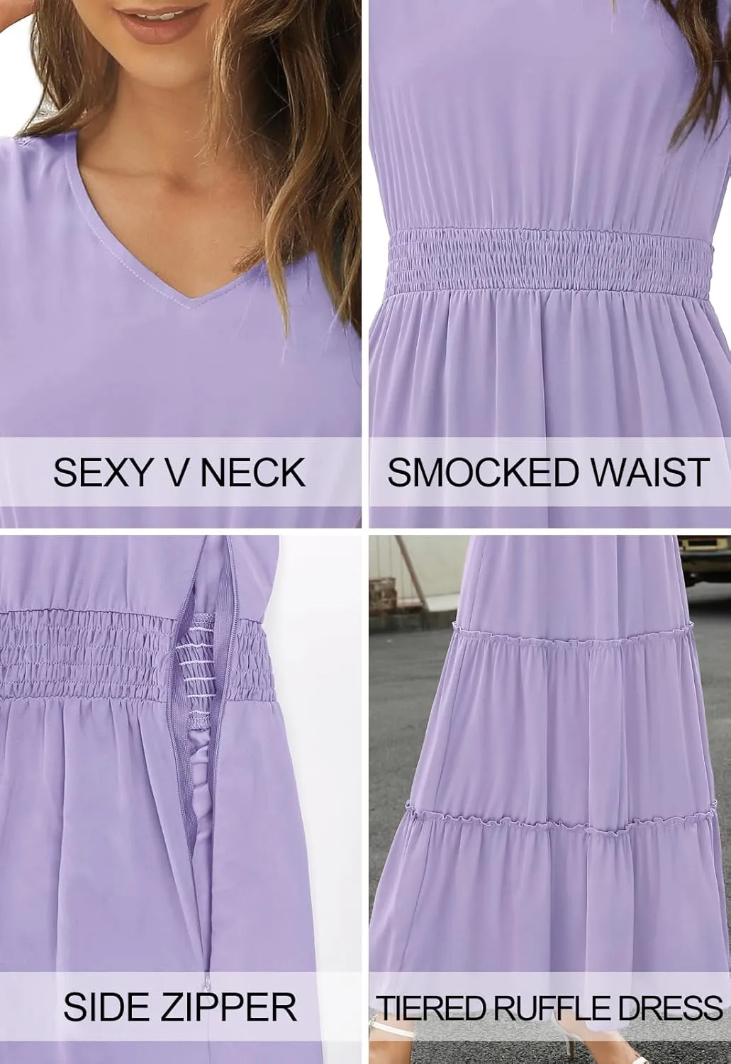 Zattcas Womens 2025 Long Summer Dress Short Flutter Sleeve V Neck Casual Smocked Tiered Modest Floral Boho Maxi Dress