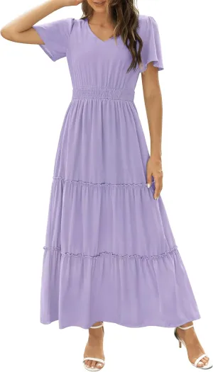 Zattcas Womens 2025 Long Summer Dress Short Flutter Sleeve V Neck Casual Smocked Tiered Modest Floral Boho Maxi Dress