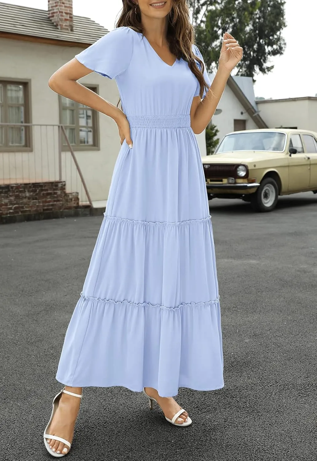 Zattcas Womens 2025 Long Summer Dress Short Flutter Sleeve V Neck Casual Smocked Tiered Modest Floral Boho Maxi Dress