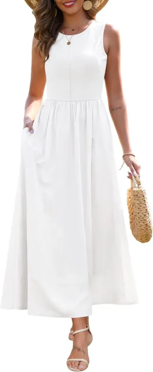 Zattcas Women's Summer Casual Sleeveless Patchwork Knit Crew Neck Tank Top Flowy Long Maxi Dresses with Pockets