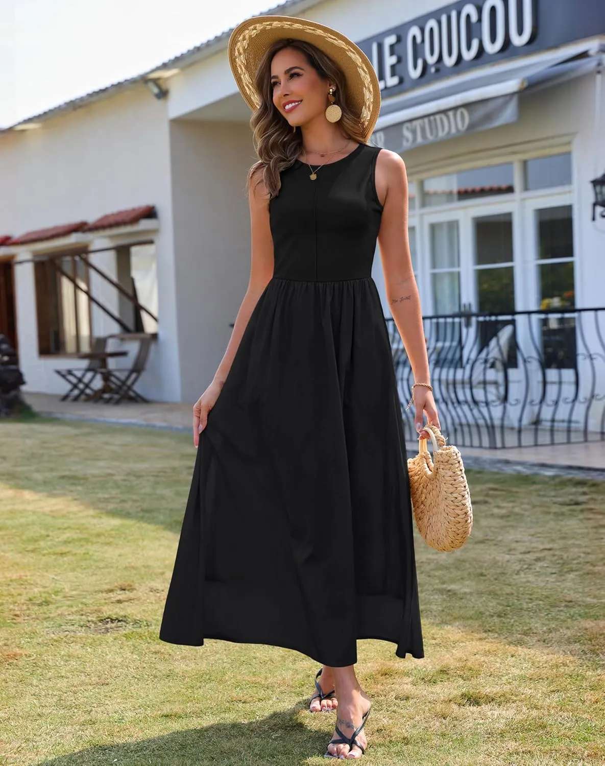 Zattcas Women's Summer Casual Sleeveless Patchwork Knit Crew Neck Tank Top Flowy Long Maxi Dresses with Pockets