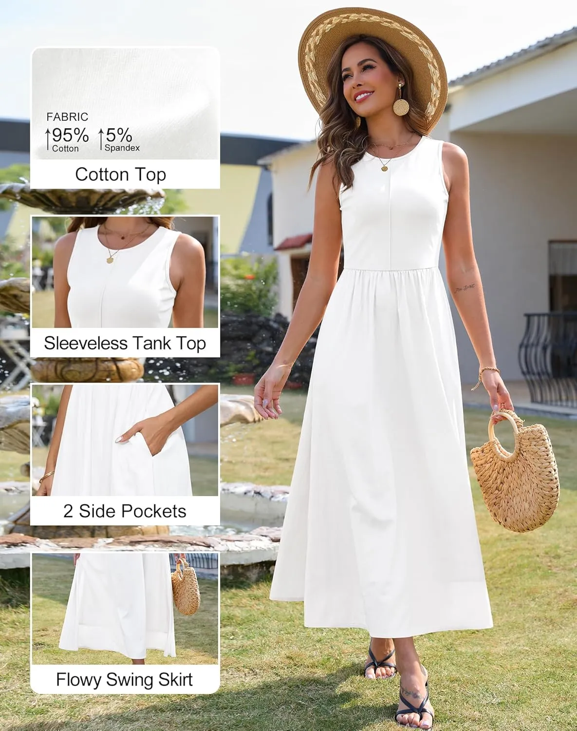 Zattcas Women's Summer Casual Sleeveless Patchwork Knit Crew Neck Tank Top Flowy Long Maxi Dresses with Pockets