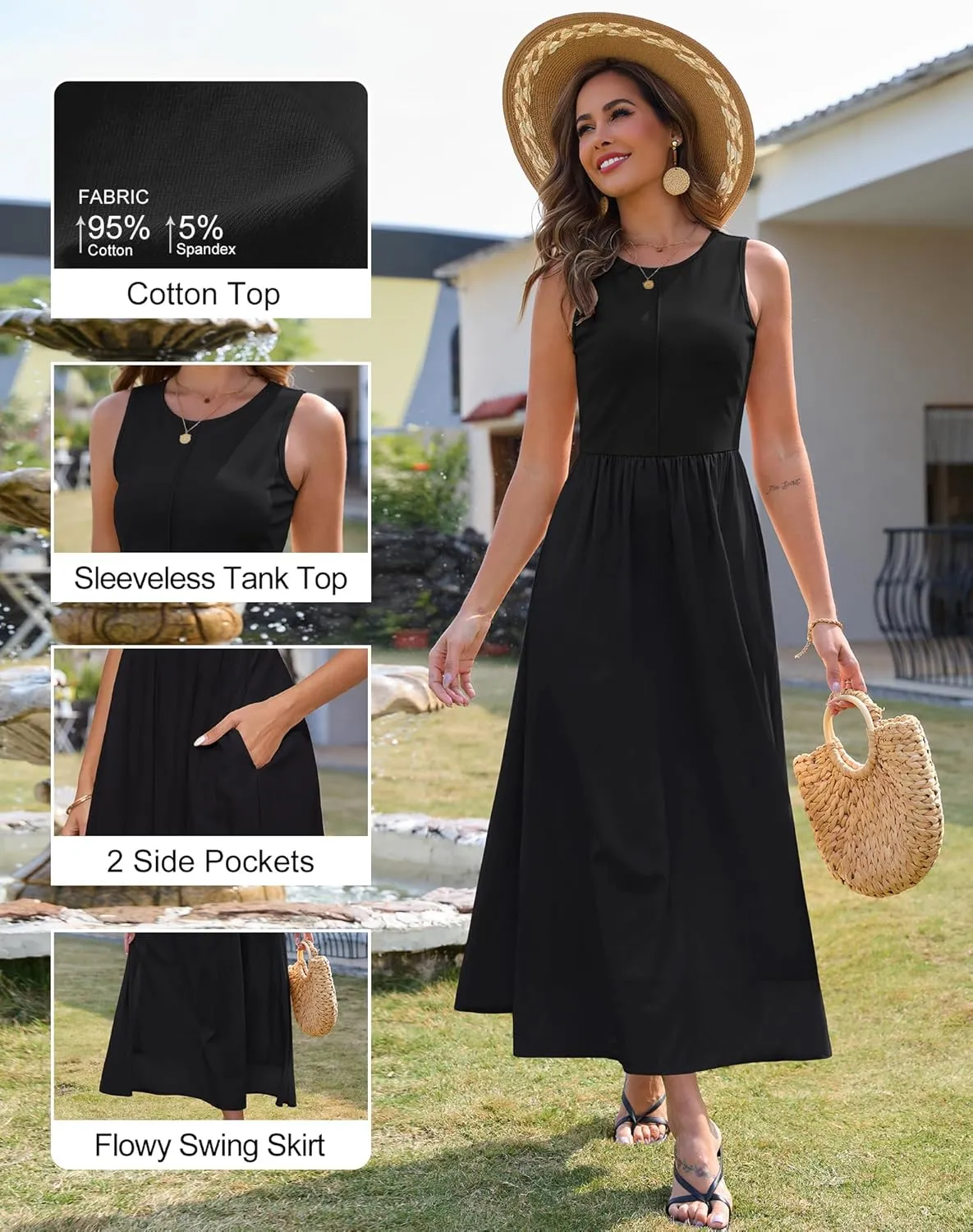 Zattcas Women's Summer Casual Sleeveless Patchwork Knit Crew Neck Tank Top Flowy Long Maxi Dresses with Pockets