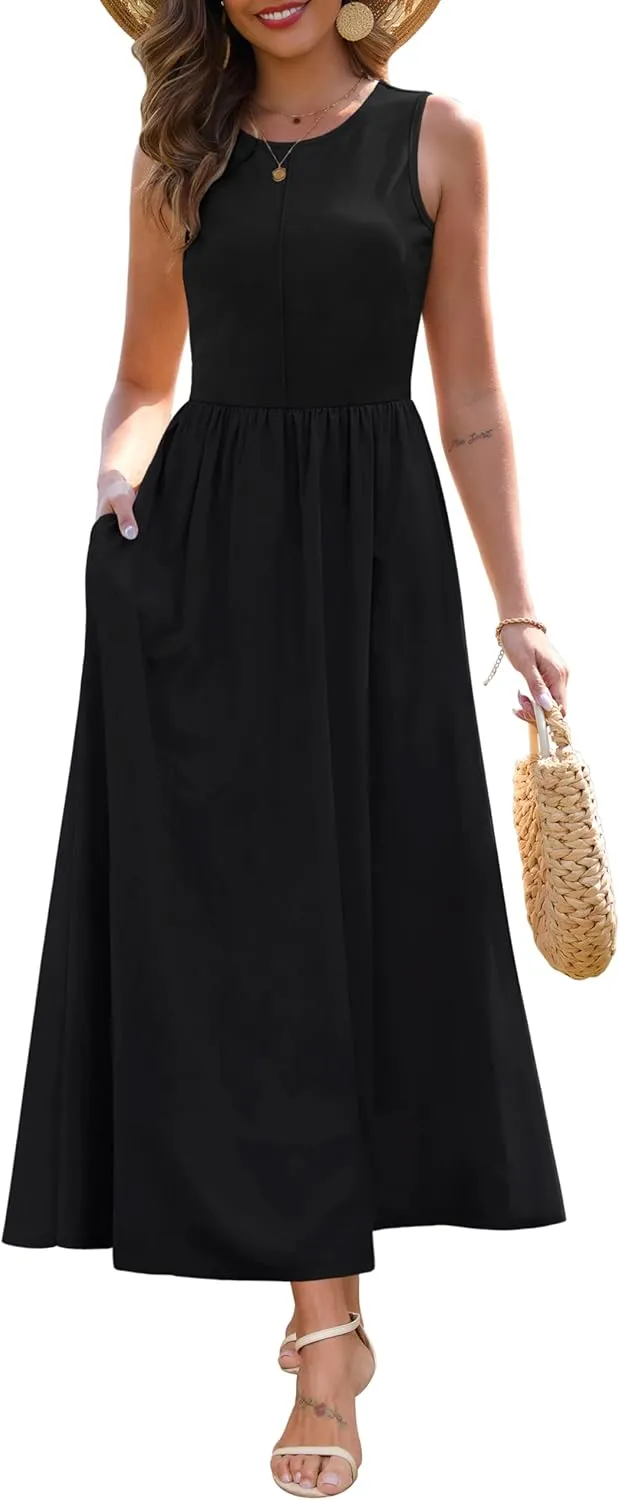 Zattcas Women's Summer Casual Sleeveless Patchwork Knit Crew Neck Tank Top Flowy Long Maxi Dresses with Pockets
