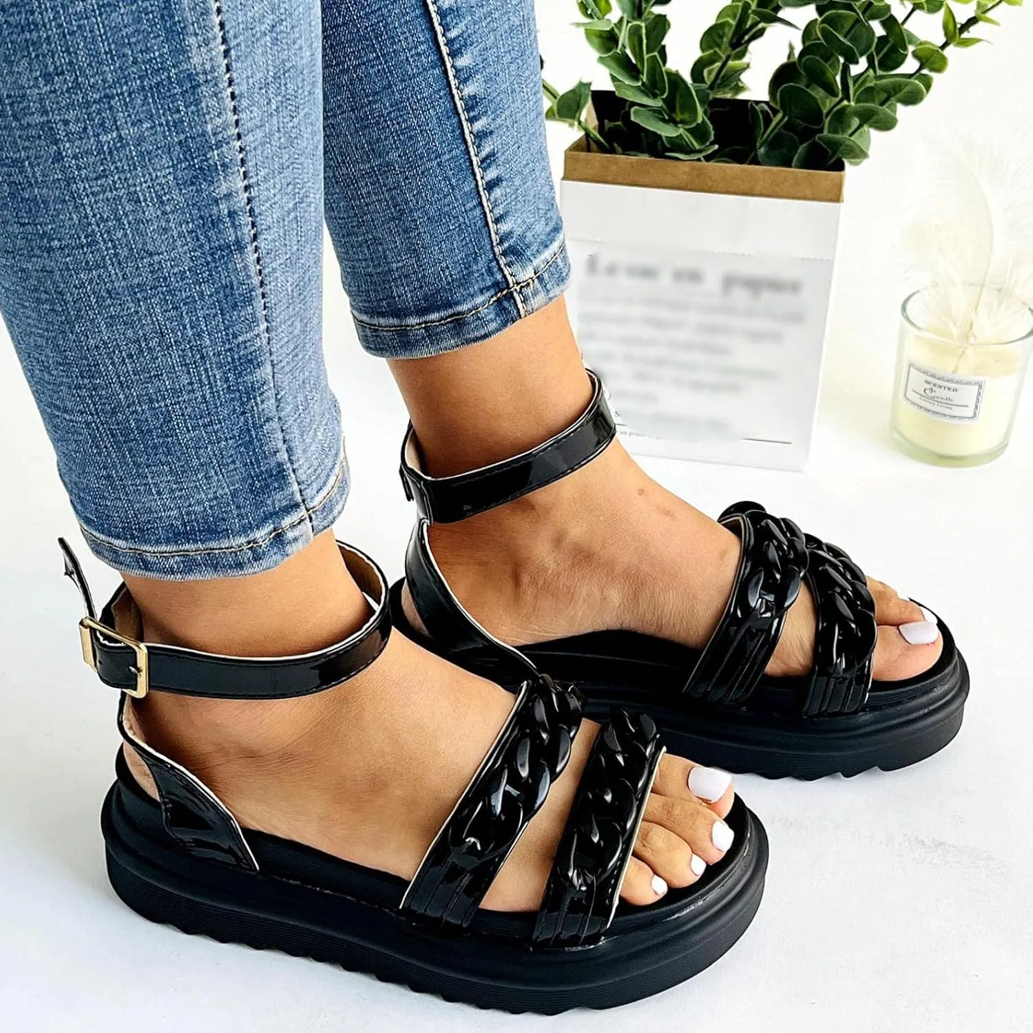 ZBYY Women Flat Sandals Summer Chunky Flatform Sandals Dressy Fashion Open Toe Slingback Crisscross Ankle Strap Sandals