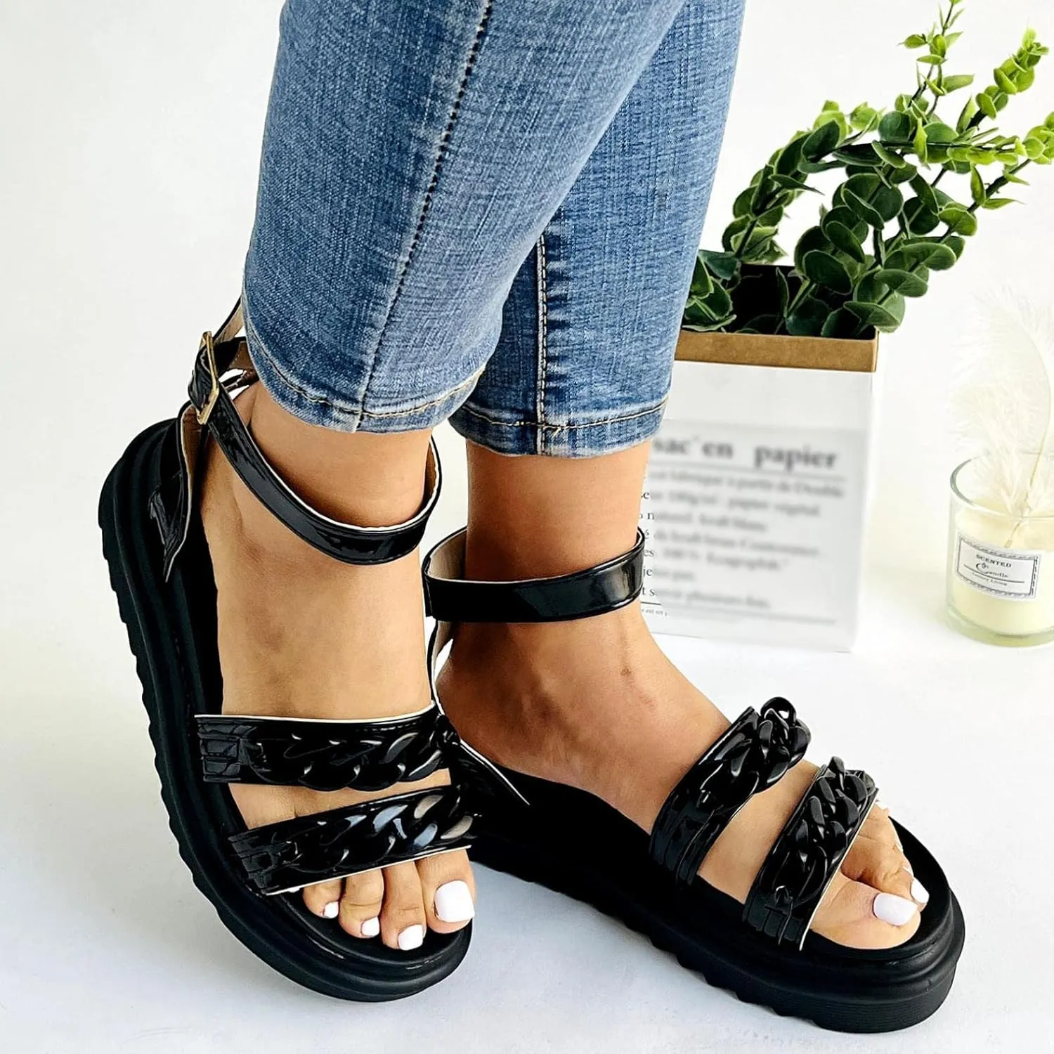 ZBYY Women Flat Sandals Summer Chunky Flatform Sandals Dressy Fashion Open Toe Slingback Crisscross Ankle Strap Sandals