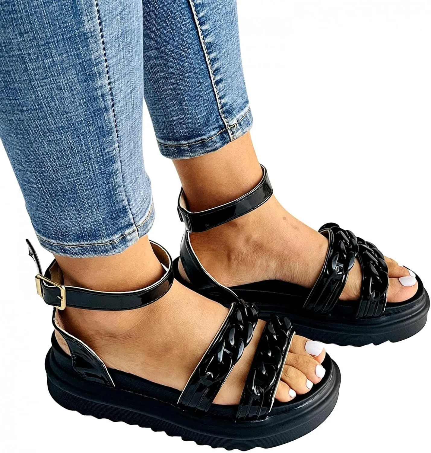 ZBYY Women Flat Sandals Summer Chunky Flatform Sandals Dressy Fashion Open Toe Slingback Crisscross Ankle Strap Sandals