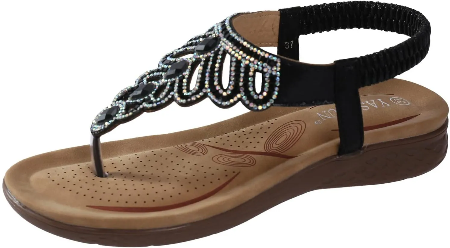 ZBYY Women Rhinestone Sandals T-Strap Elastic Strap Bohemian Crystal Flat Sandals Thong Ankle Strap Summer Gladiator Sandals